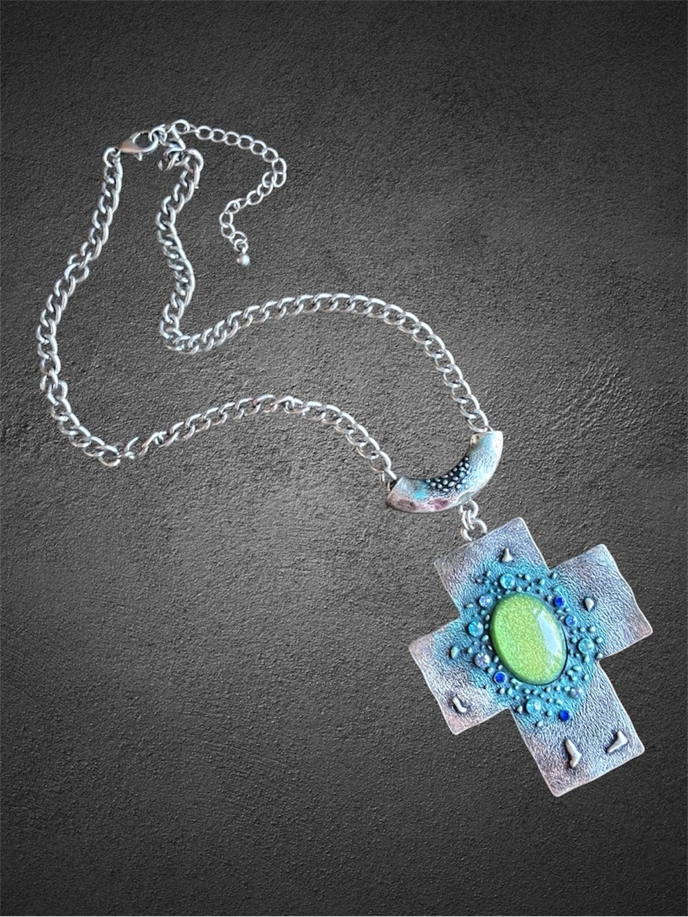🌼Large Green & Blue Stone Cross Pendant Necklace